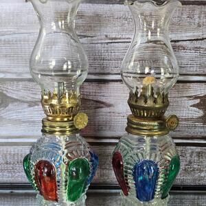 Vintage Oil / Kerosene Lamps multicolored painted glass 1950s 60s